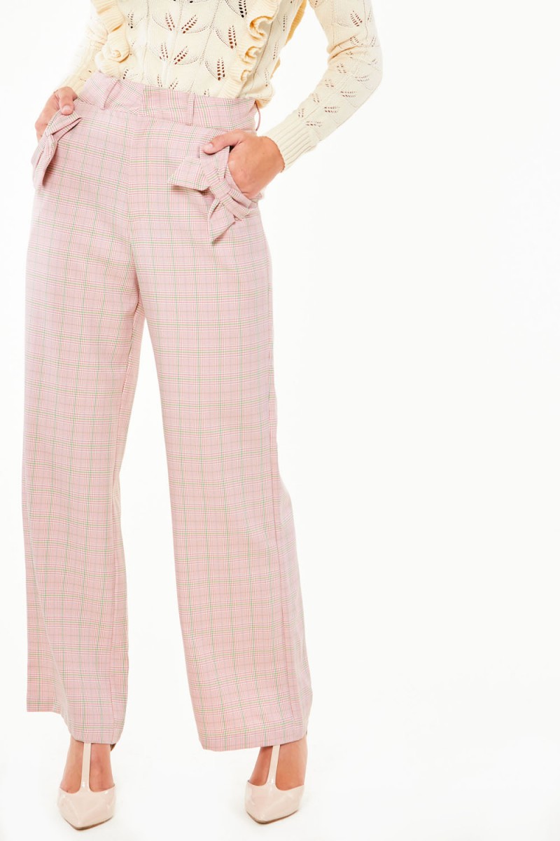 Pantalon à carreaux rose poche nœud